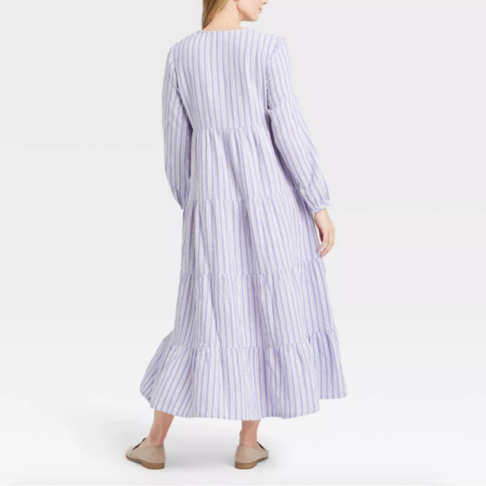 Universal Thread Tiered Cotton Striped Maxi Dress Long Sleeve Pockets Boho Blue